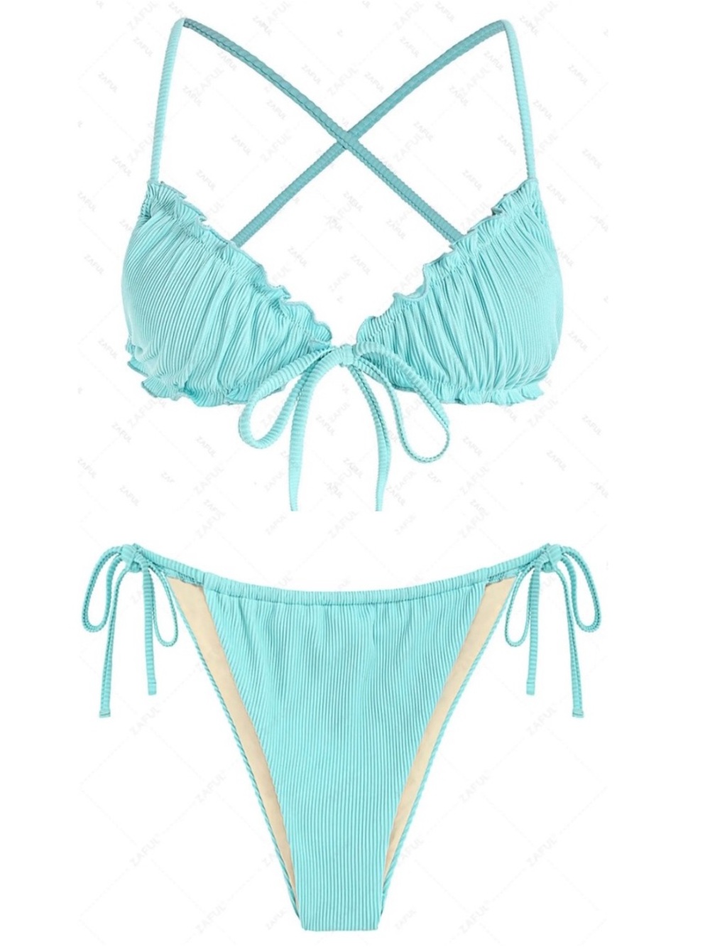 Aqua Ribbed Tie-Front Bikini Set